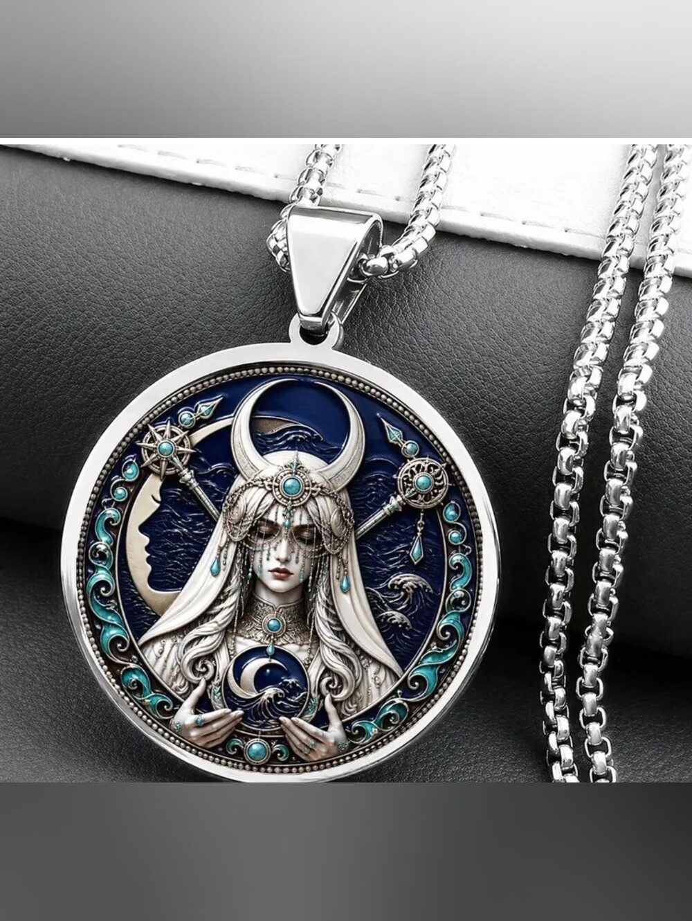 Moon Goddess Pendant Necklace with Blue Accents